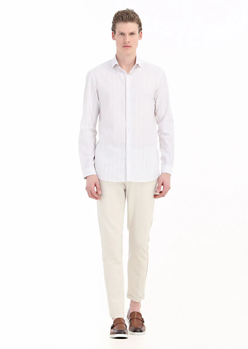 Ekru Çizgili Regular Fit Dokuma Casual Pamuk Karışımlı Gömlek - 1
