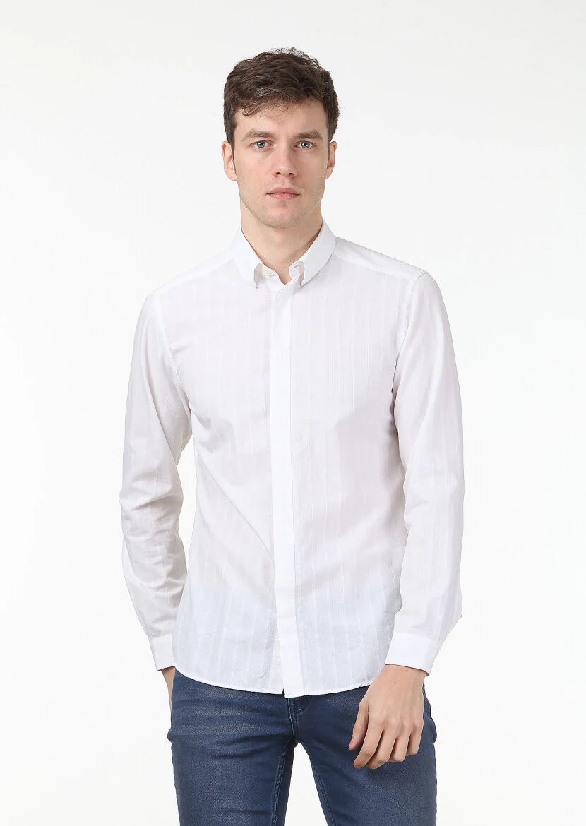 Ekru Çizgili Slim Fit Dokuma Casual Pamuk Karışımlı Gömlek - 1