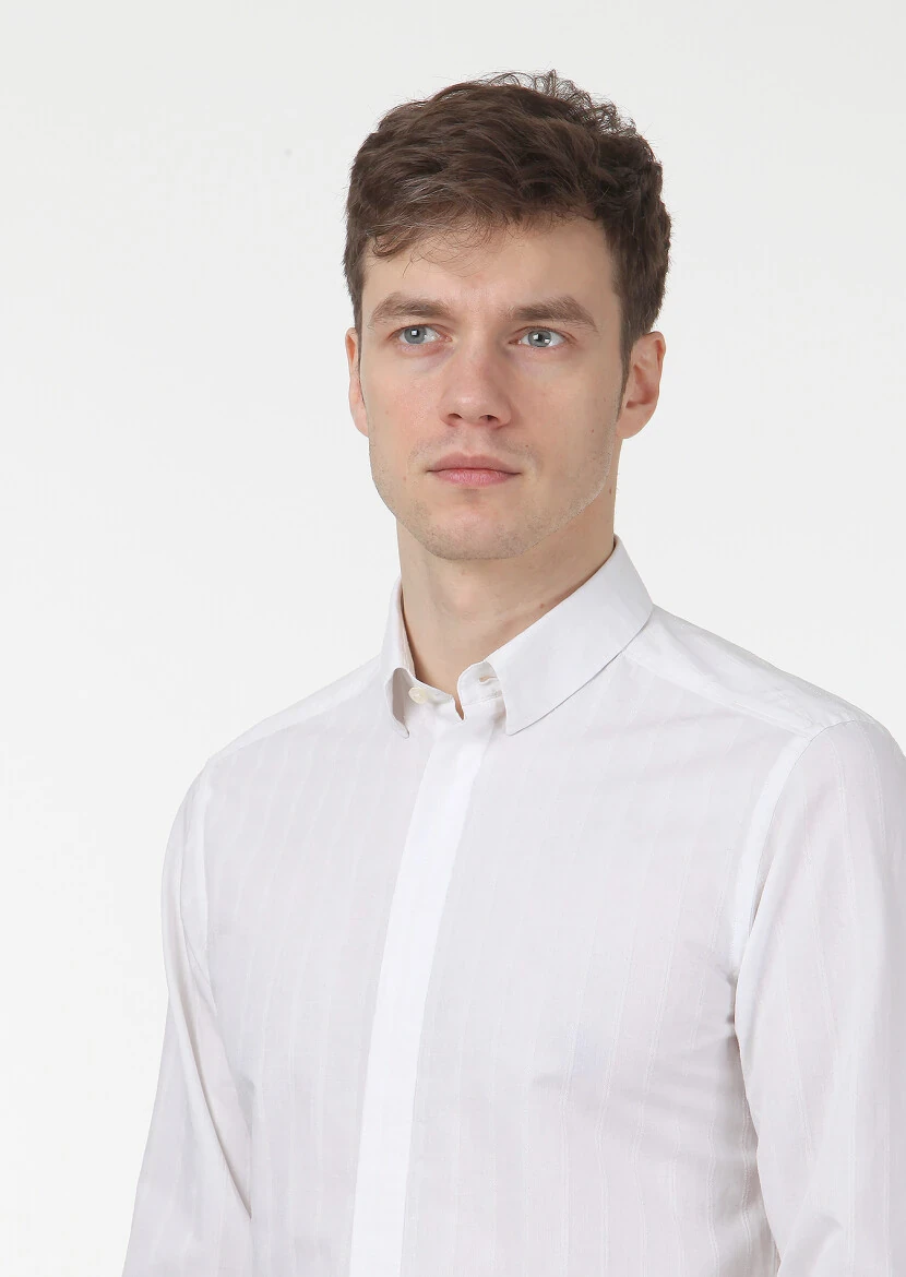 Ekru Çizgili Slim Fit Dokuma Casual Pamuk Karışımlı Gömlek - 2