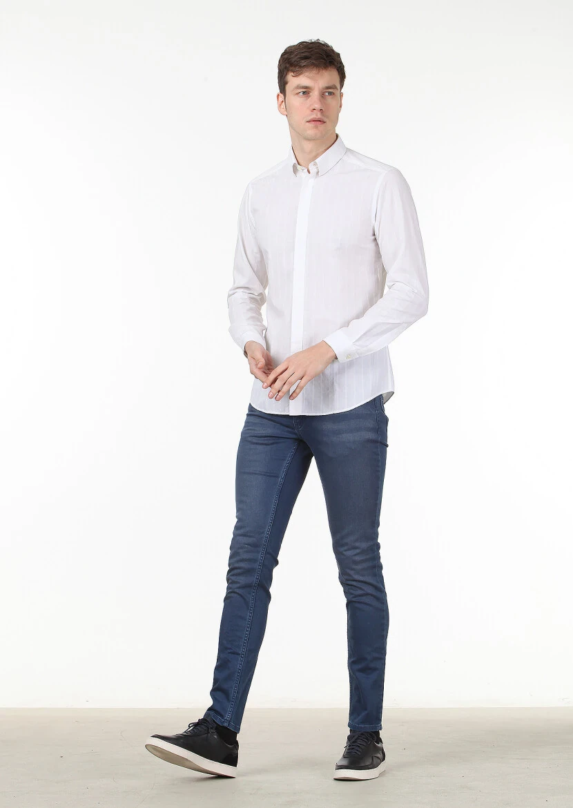 Ekru Çizgili Slim Fit Dokuma Casual Pamuk Karışımlı Gömlek - 3