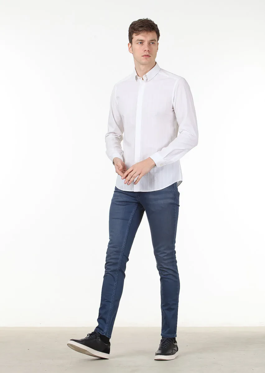 Ekru Çizgili Slim Fit Dokuma Casual Pamuk Karışımlı Gömlek - 3
