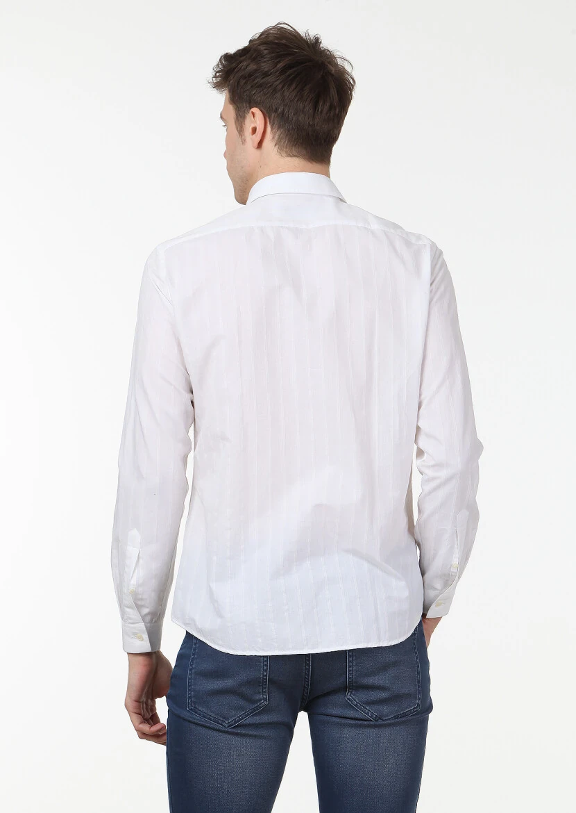 Ekru Çizgili Slim Fit Dokuma Casual Pamuk Karışımlı Gömlek - 4