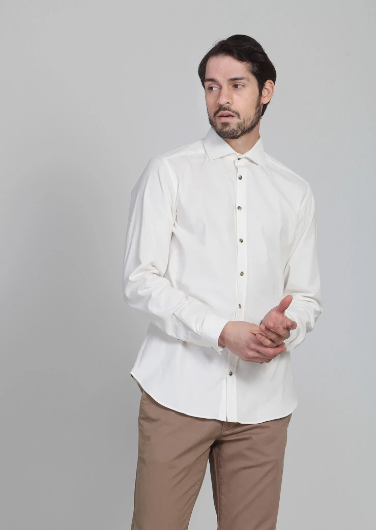 Ekru Çizgili Slim Fit Dokuma Kadife Casual Pamuk Karışımlı Gömlek - 1