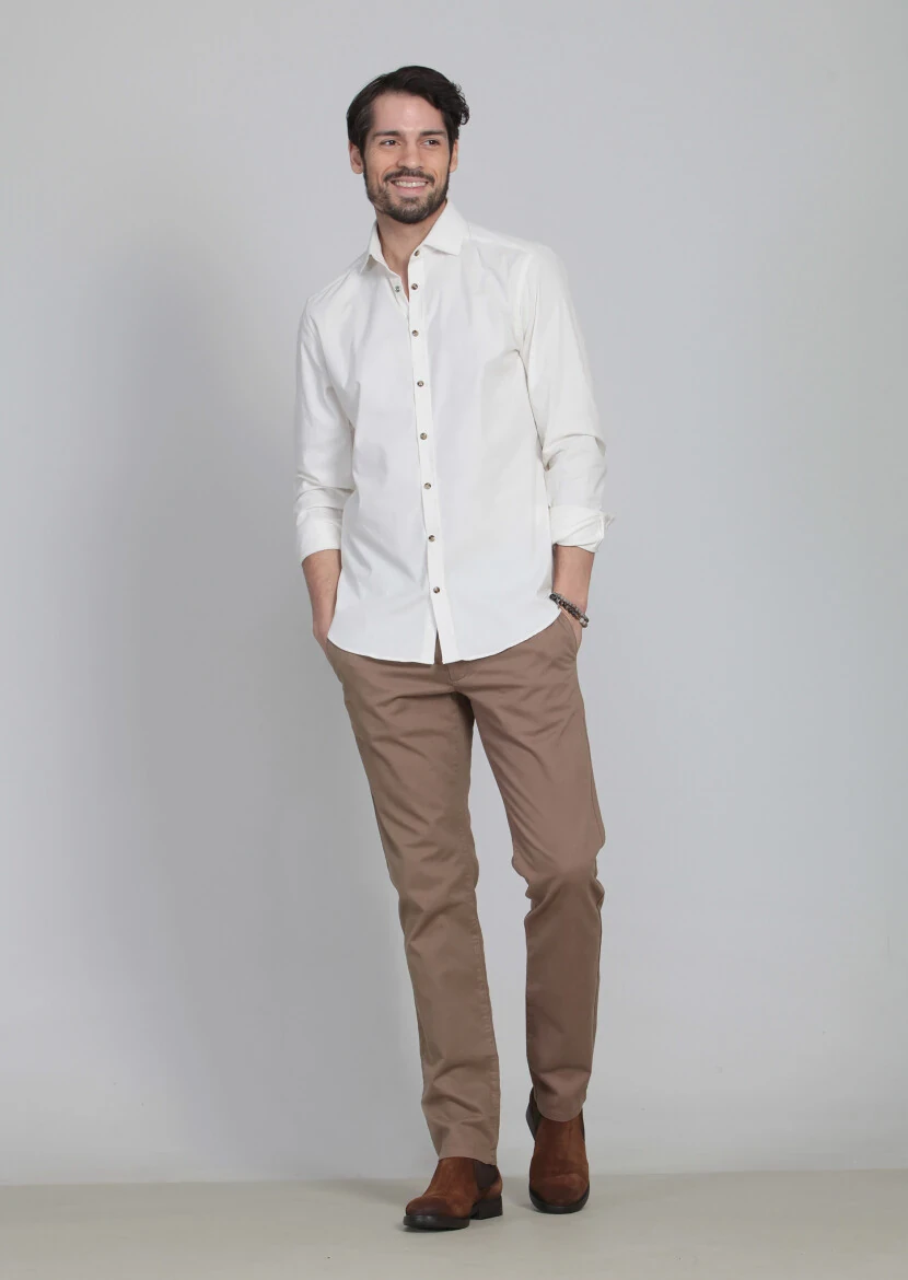 Ekru Çizgili Slim Fit Dokuma Kadife Casual Pamuk Karışımlı Gömlek 