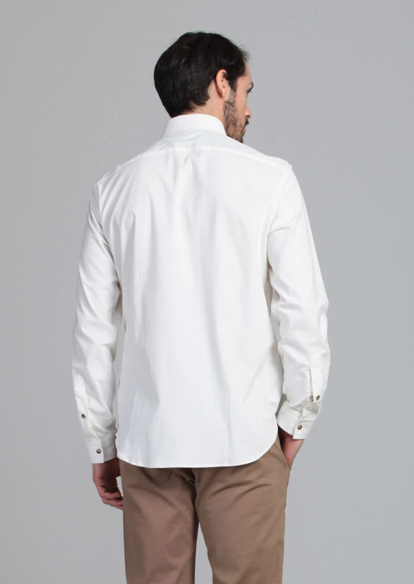 Ekru Çizgili Slim Fit Dokuma Kadife Casual Pamuk Karışımlı Gömlek - 5