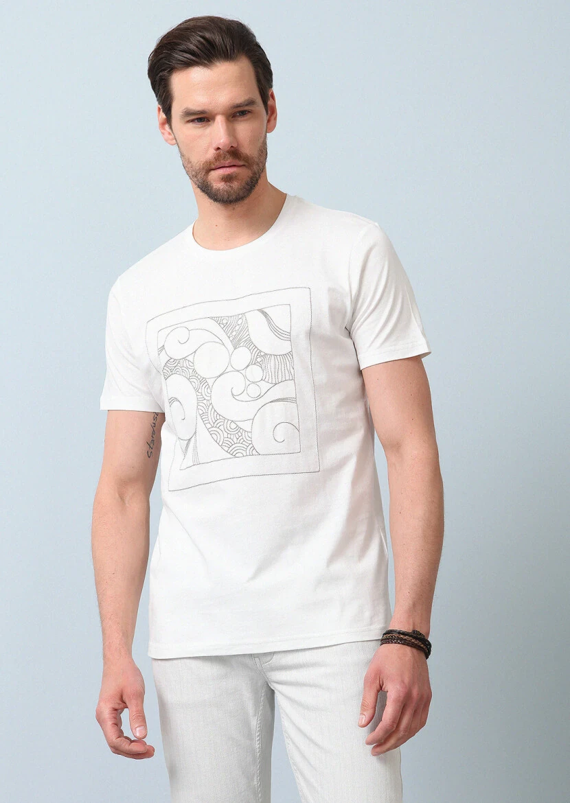 Ekru Desenli %100 Pamuk T-Shirt - 1