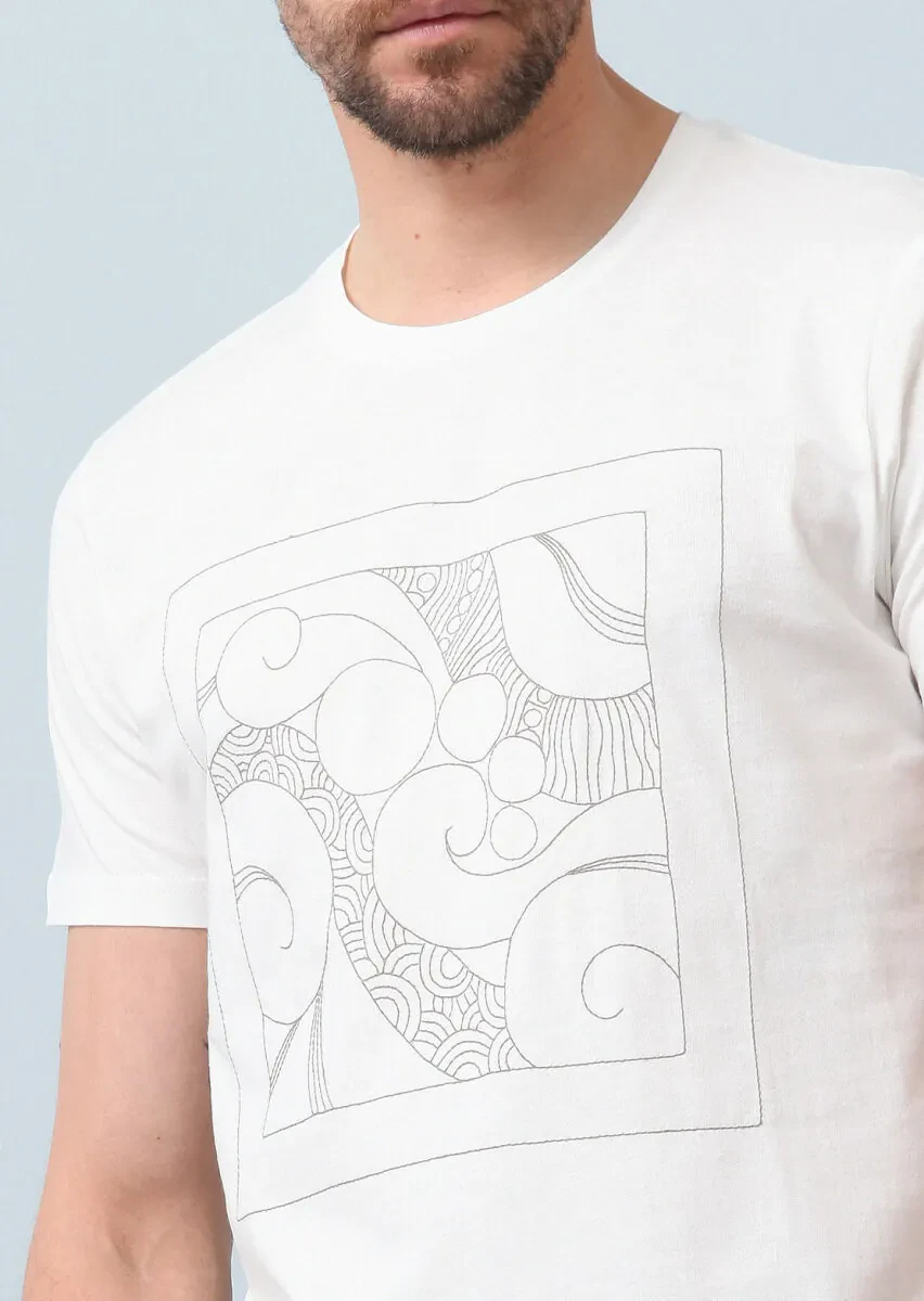 Ekru Desenli %100 Pamuk T-Shirt - 2