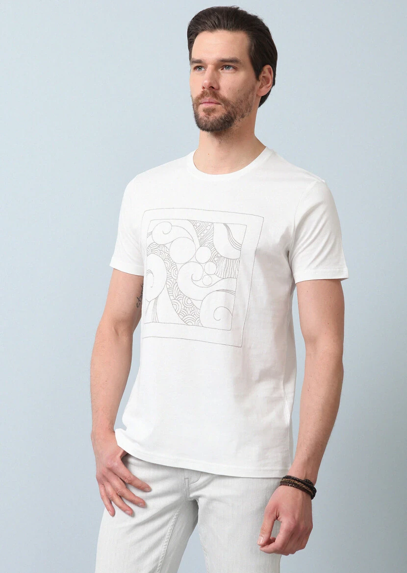 Ekru Desenli %100 Pamuk T-Shirt - 3