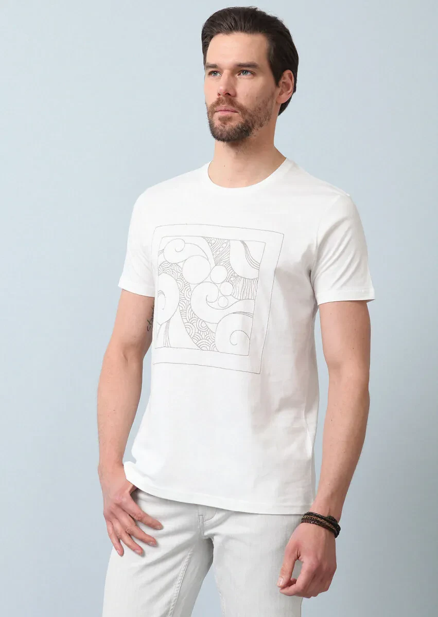 Ekru Desenli %100 Pamuk T-Shirt - 3