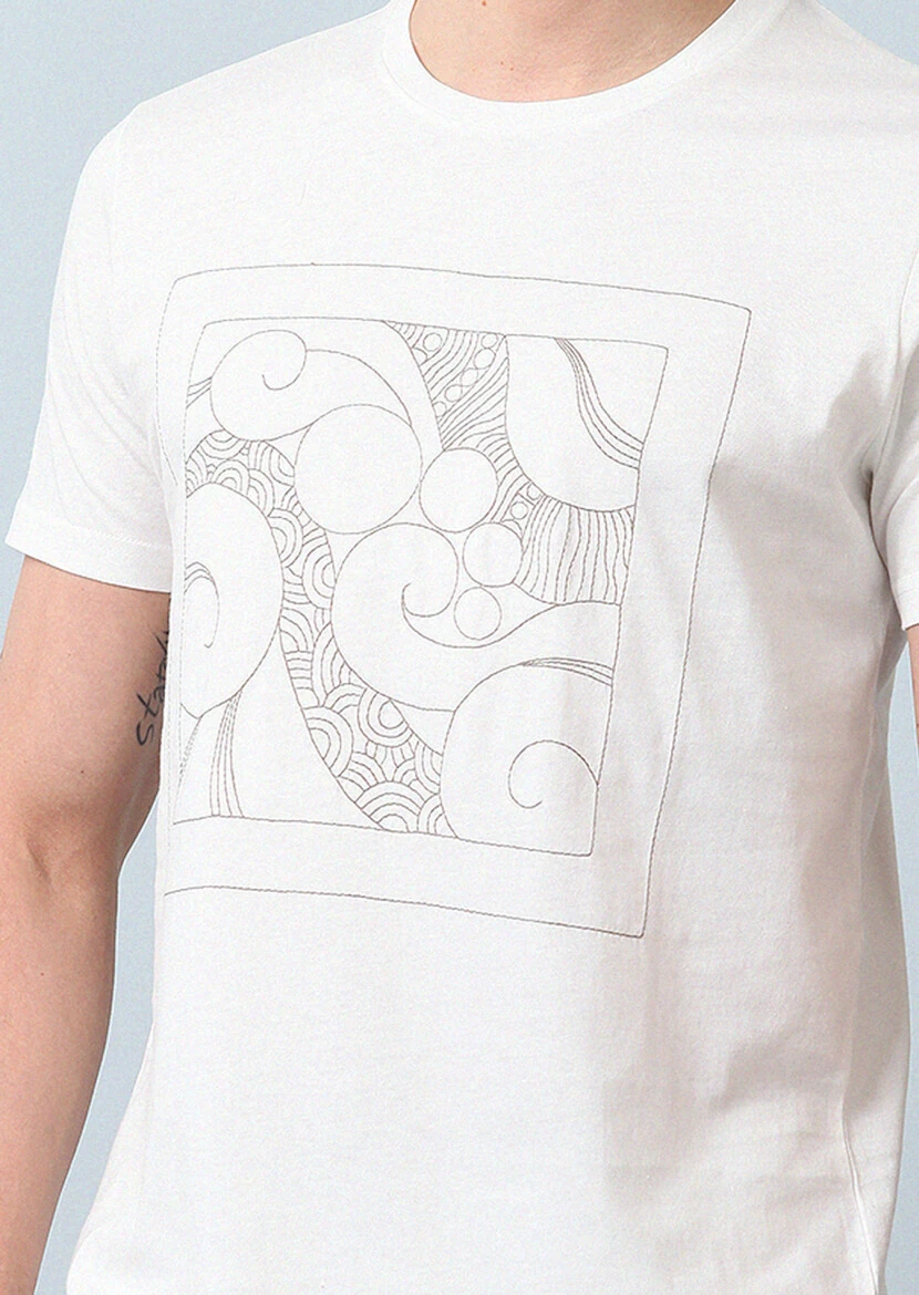 Ekru Desenli %100 Pamuk T-Shirt - 4