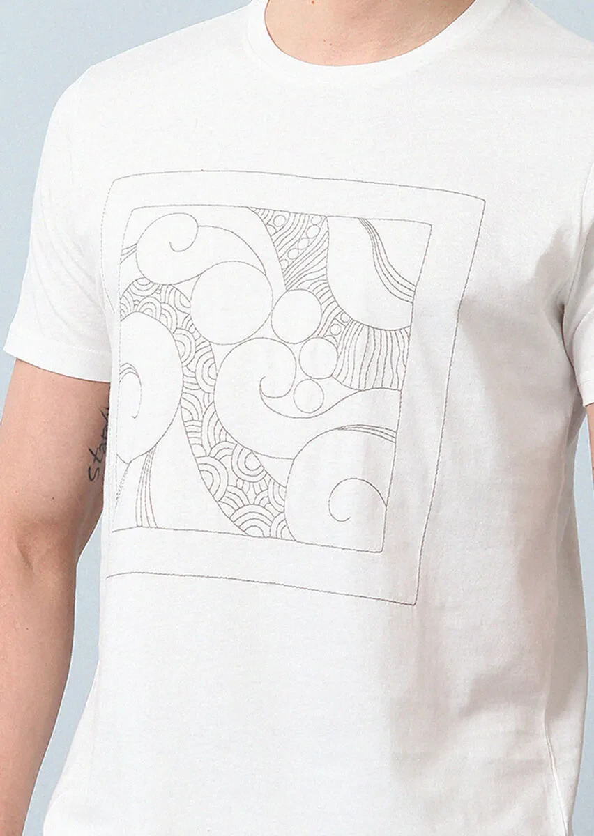 Ekru Desenli %100 Pamuk T-Shirt - 4