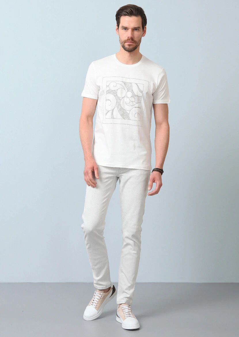 Ekru Desenli %100 Pamuk T-Shirt - 5