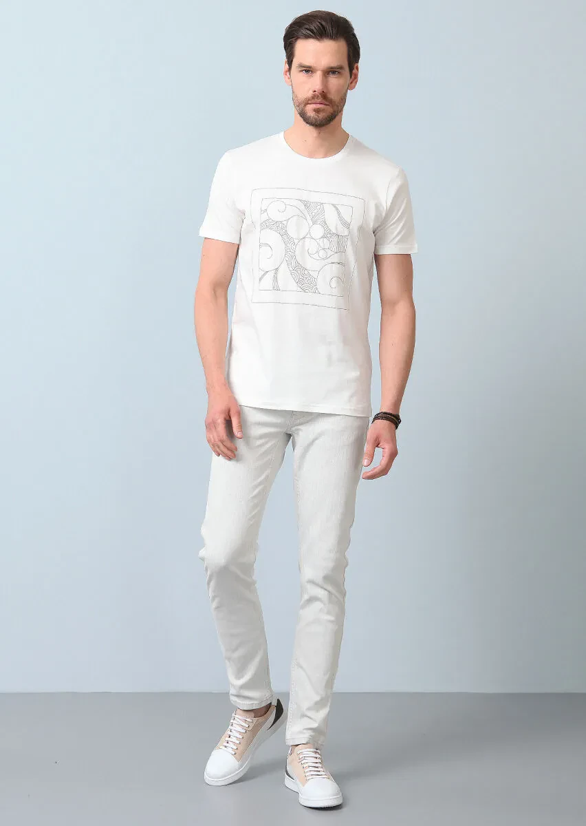 Ekru Desenli %100 Pamuk T-Shirt - 5