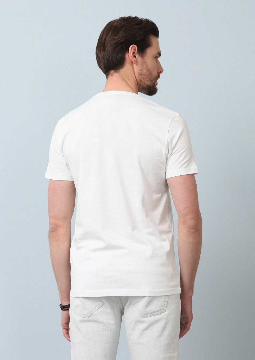 Ekru Desenli %100 Pamuk T-Shirt - 6