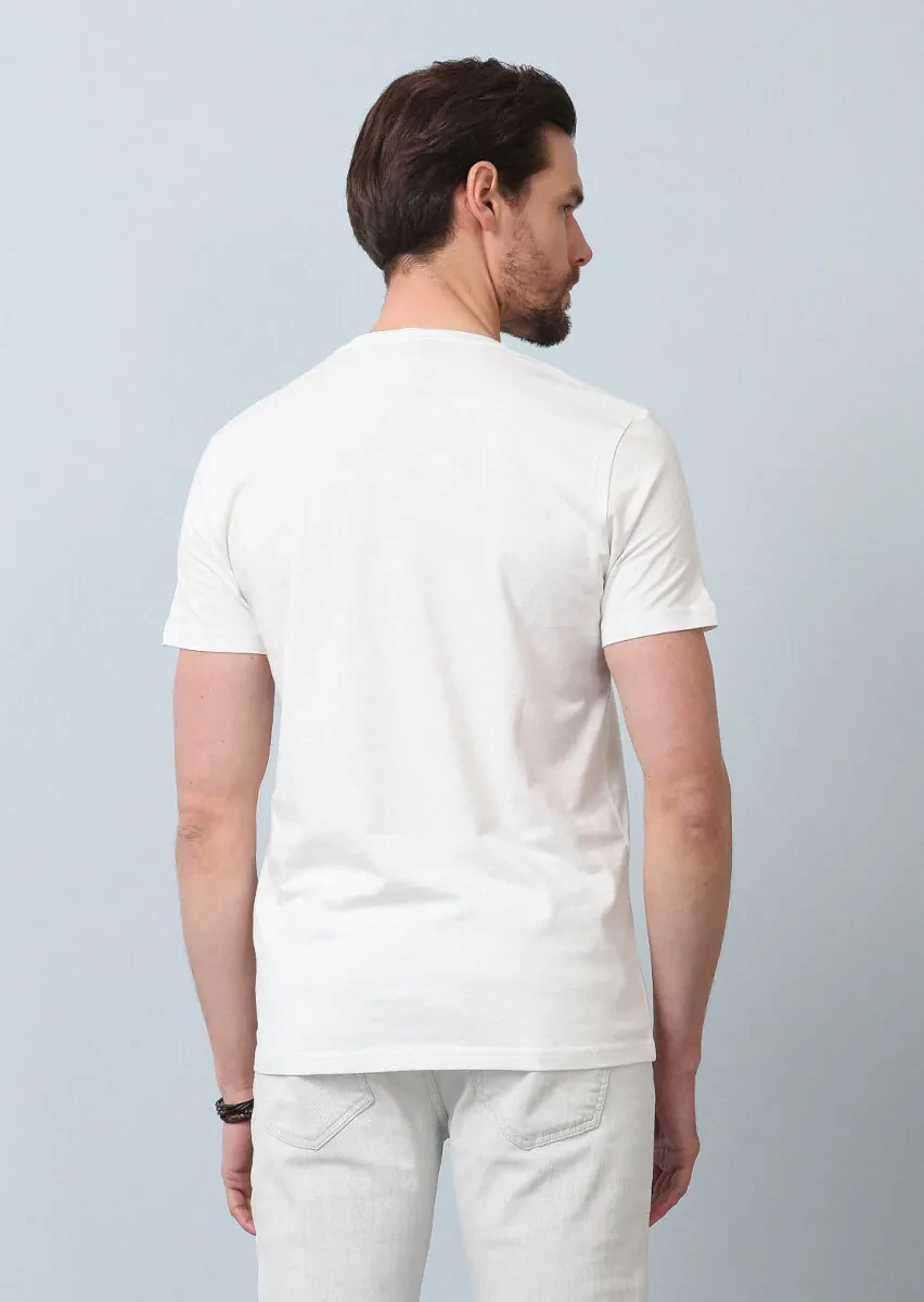 Ekru Desenli %100 Pamuk T-Shirt - 6