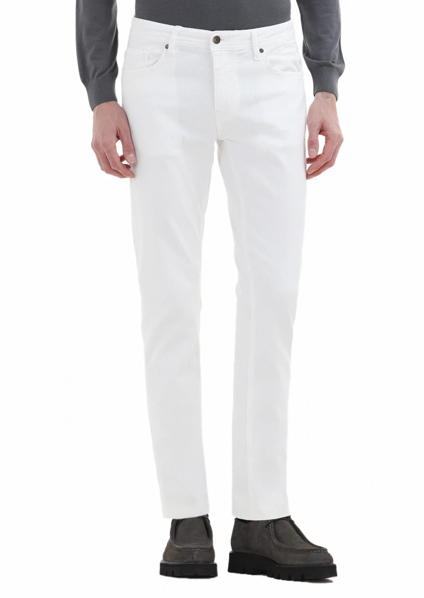 Ekru Desenli Dokuma Slim Fit Casual Pamuk Karışımlı Pantolon 