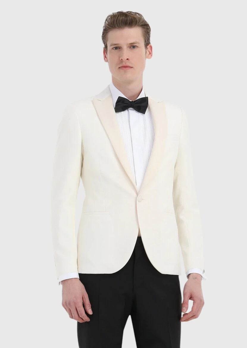 Ekru Desenli Fashion Slim Fit Kruvaze Yaka Dokuma Smokin Takım Elbise - 3