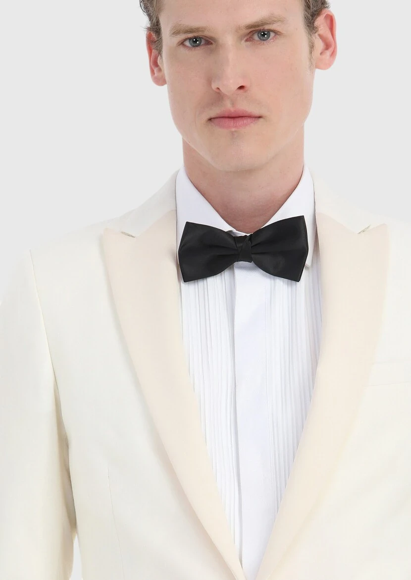 Ekru Desenli Fashion Slim Fit Kruvaze Yaka Dokuma Smokin Takım Elbise - 4