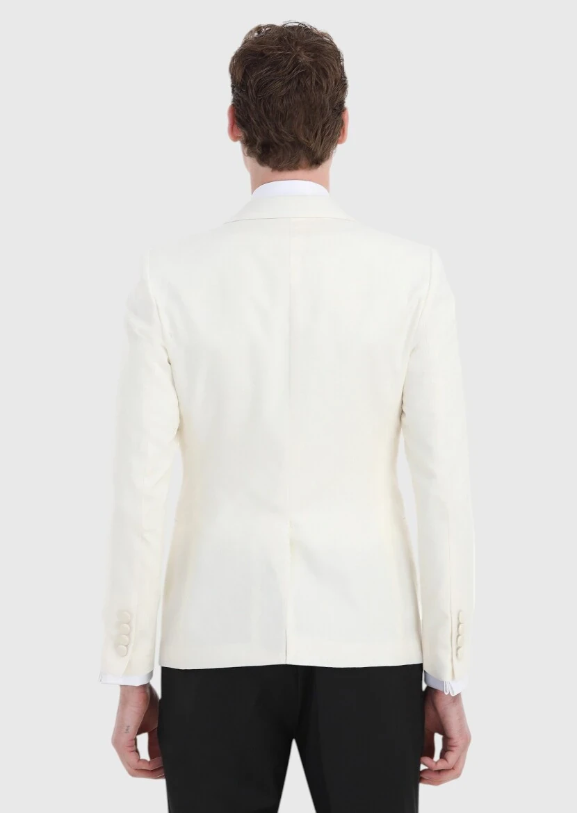 Ekru Desenli Fashion Slim Fit Kruvaze Yaka Dokuma Smokin Takım Elbise - 5