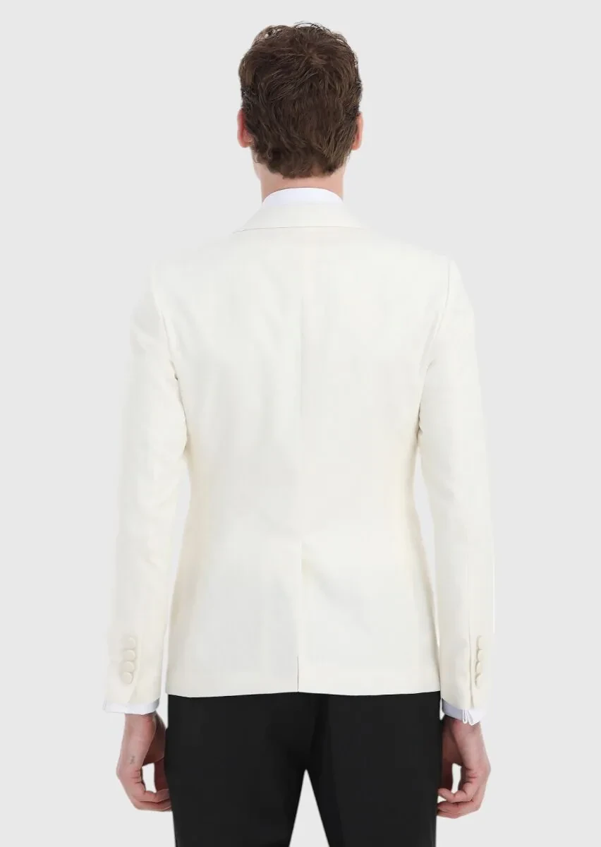 Ekru Desenli Fashion Slim Fit Kruvaze Yaka Dokuma Smokin Takım Elbise - 5