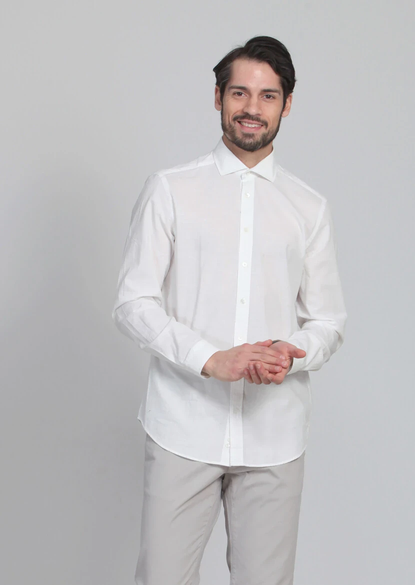 Ekru Desenli Fitted Fit Dokuma Casual %100 Pamuk Gömlek - 1