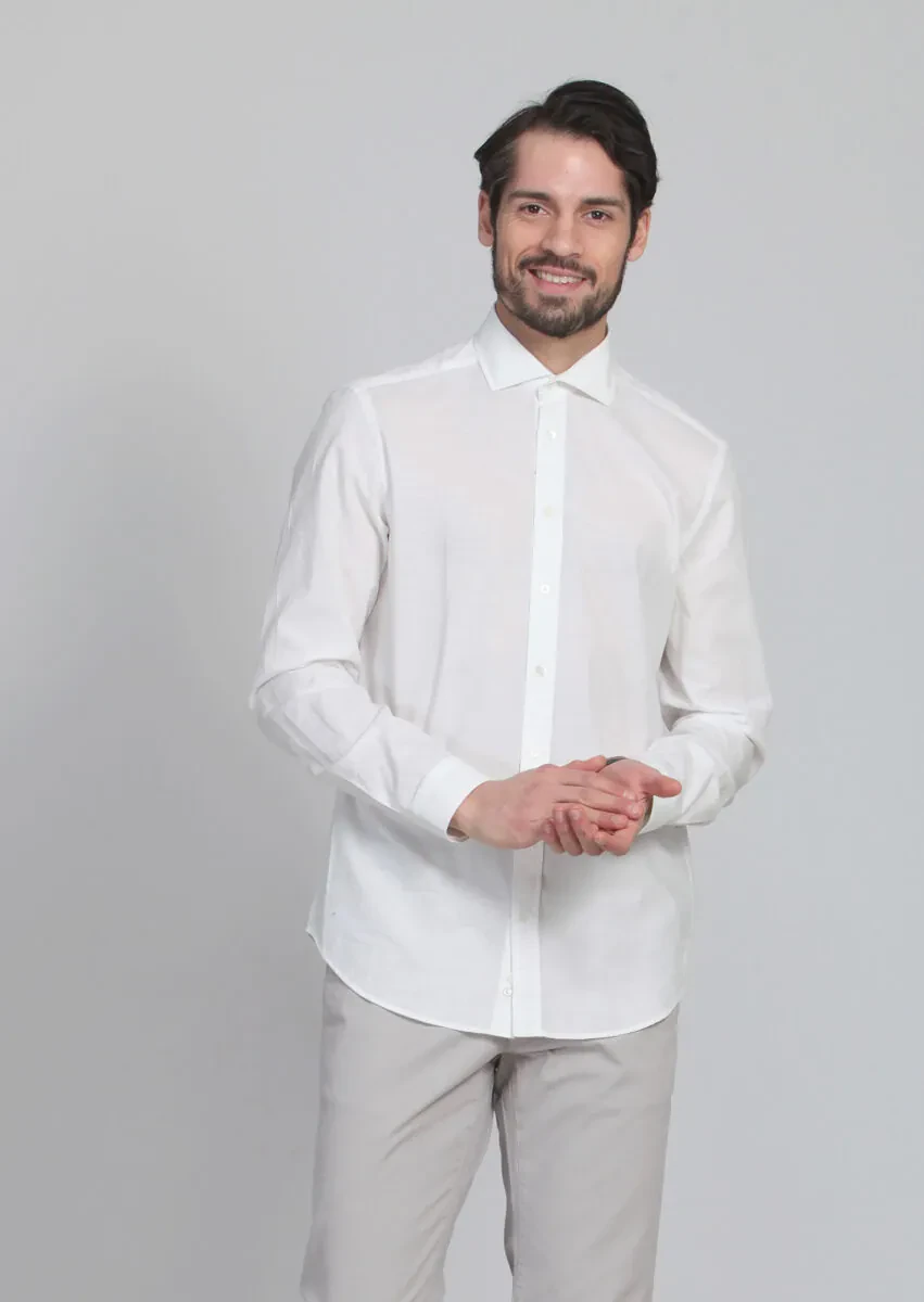 Ekru Desenli Fitted Fit Dokuma Casual %100 Pamuk Gömlek - 1