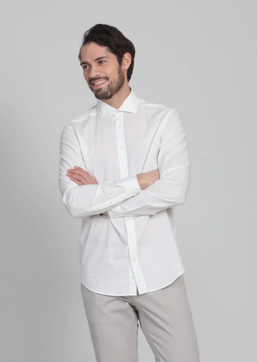 Ekru Desenli Fitted Fit Dokuma Casual %100 Pamuk Gömlek - 2