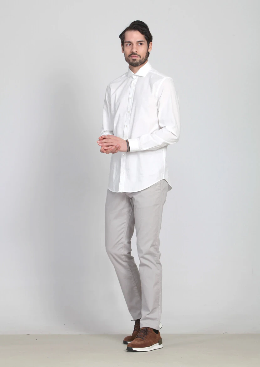 Ekru Desenli Fitted Fit Dokuma Casual %100 Pamuk Gömlek - 3