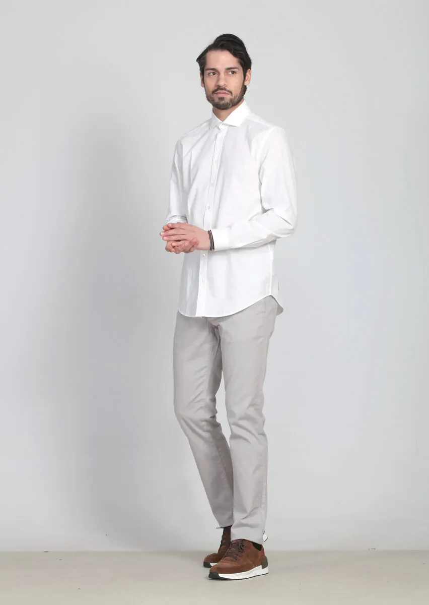 Ekru Desenli Fitted Fit Dokuma Casual %100 Pamuk Gömlek - 3