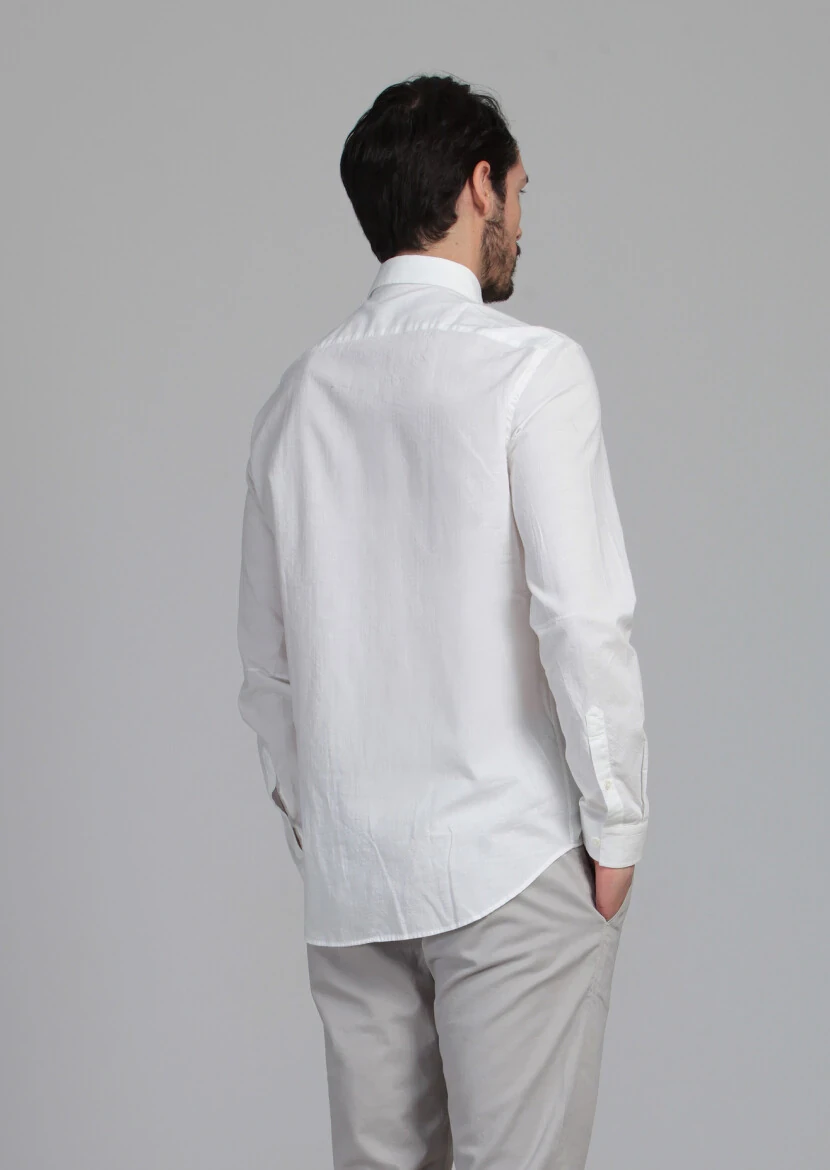 Ekru Desenli Fitted Fit Dokuma Casual %100 Pamuk Gömlek - 5