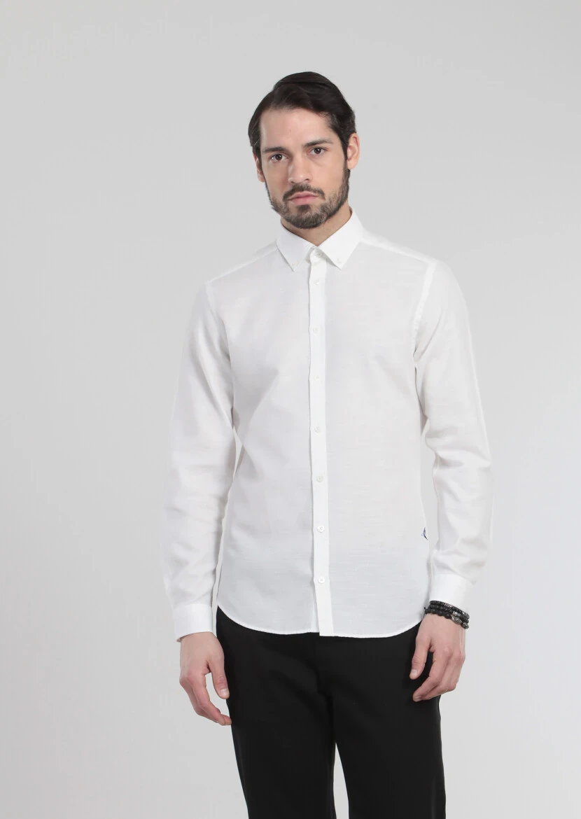 Ekru Desenli Fitted Fit Dokuma Casual %100 Pamuk Gömlek - 1