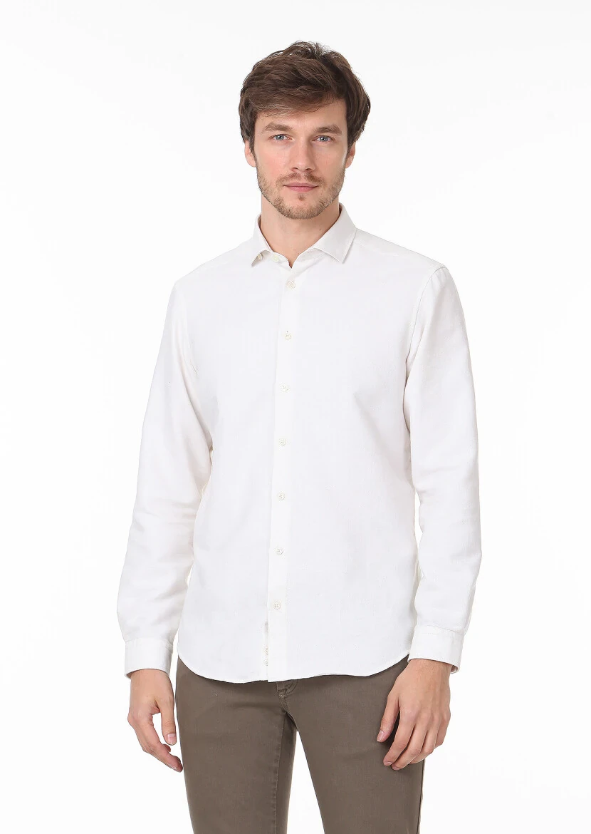 Ekru Desenli Regular Fit Dokuma Casual Pamuk Karışımlı Gömlek - 1
