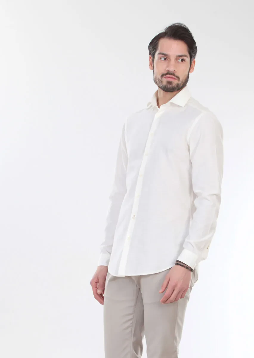 Ekru Desenli Slim Fit Dokuma Casual %100 Pamuk Gömlek - 1