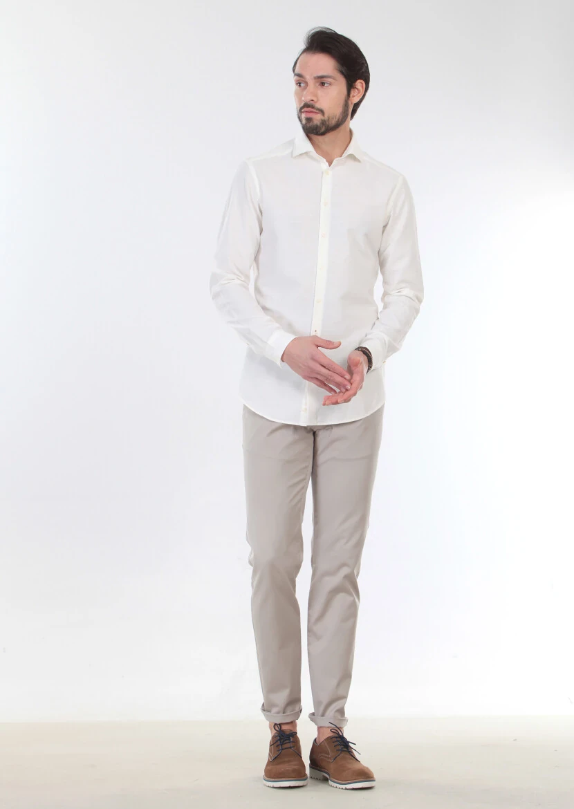 Ekru Desenli Slim Fit Dokuma Casual %100 Pamuk Gömlek - 3