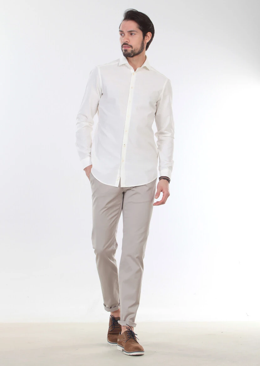 Ekru Desenli Slim Fit Dokuma Casual %100 Pamuk Gömlek - 4