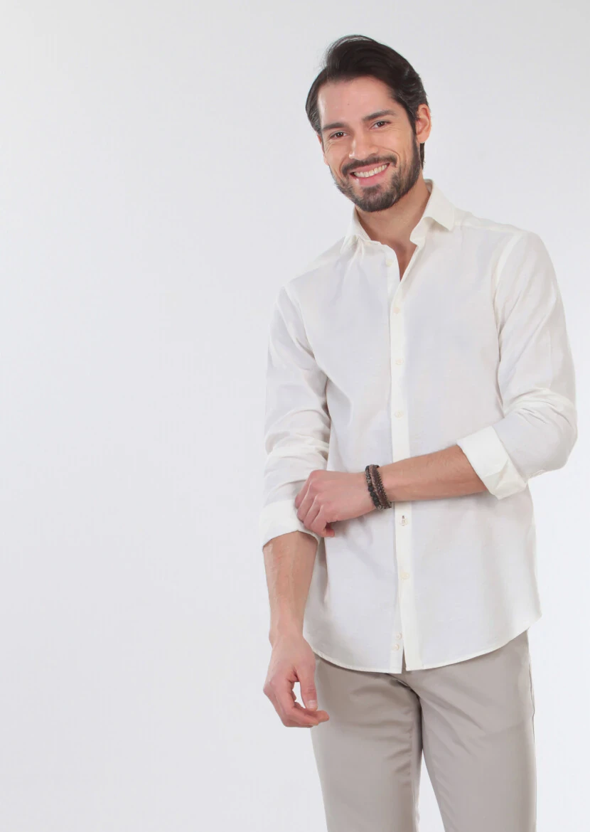 Ekru Desenli Slim Fit Dokuma Casual %100 Pamuk Gömlek - 5