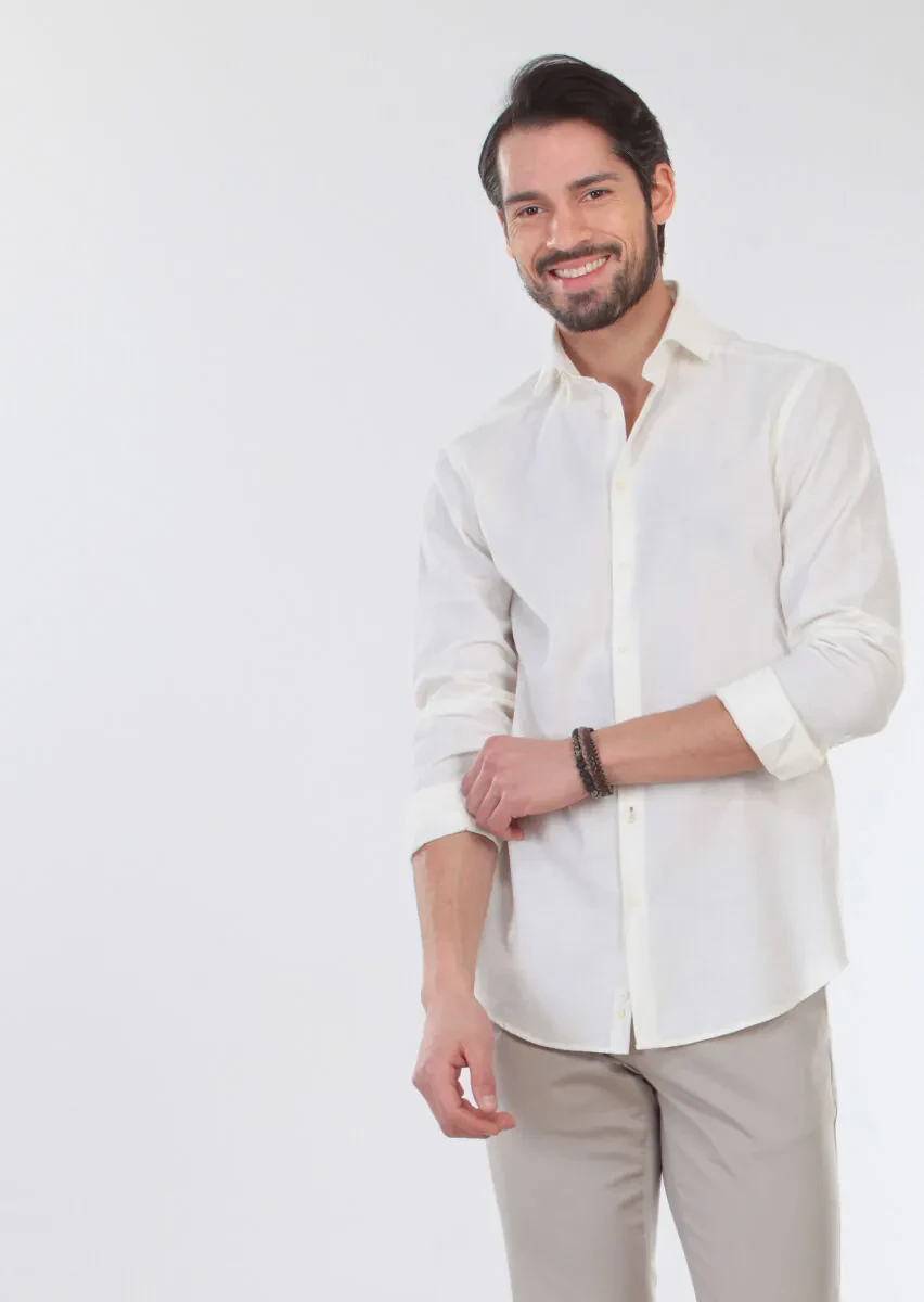 Ekru Desenli Slim Fit Dokuma Casual %100 Pamuk Gömlek - 5