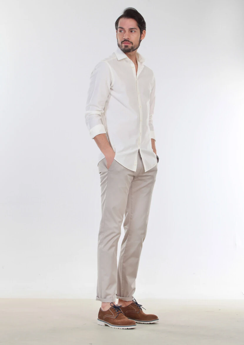 Ekru Desenli Slim Fit Dokuma Casual %100 Pamuk Gömlek - 6