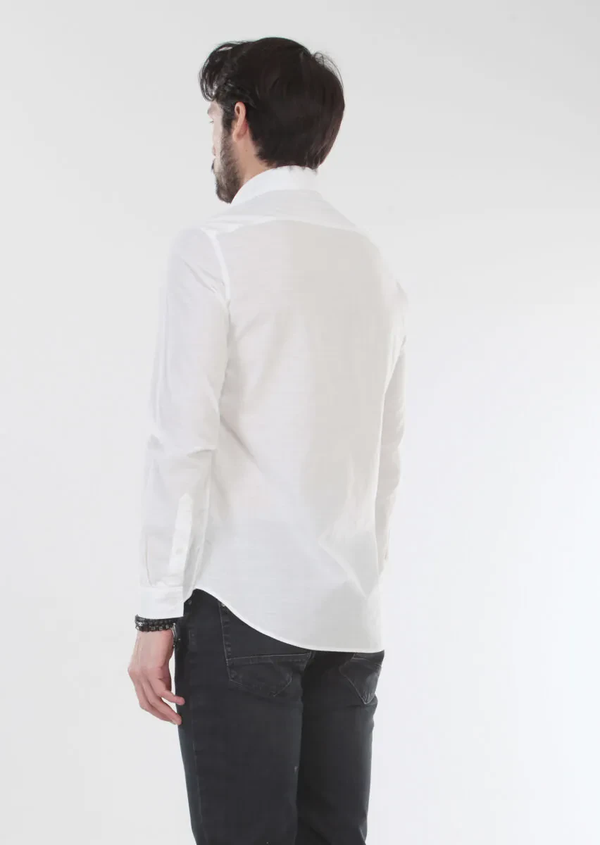 Ekru Desenli Slim Fit Dokuma Casual %100 Pamuk Gömlek - 2