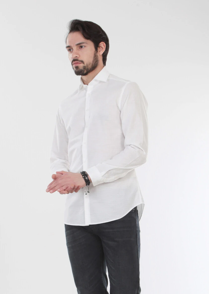 Ekru Desenli Slim Fit Dokuma Casual %100 Pamuk Gömlek - 4