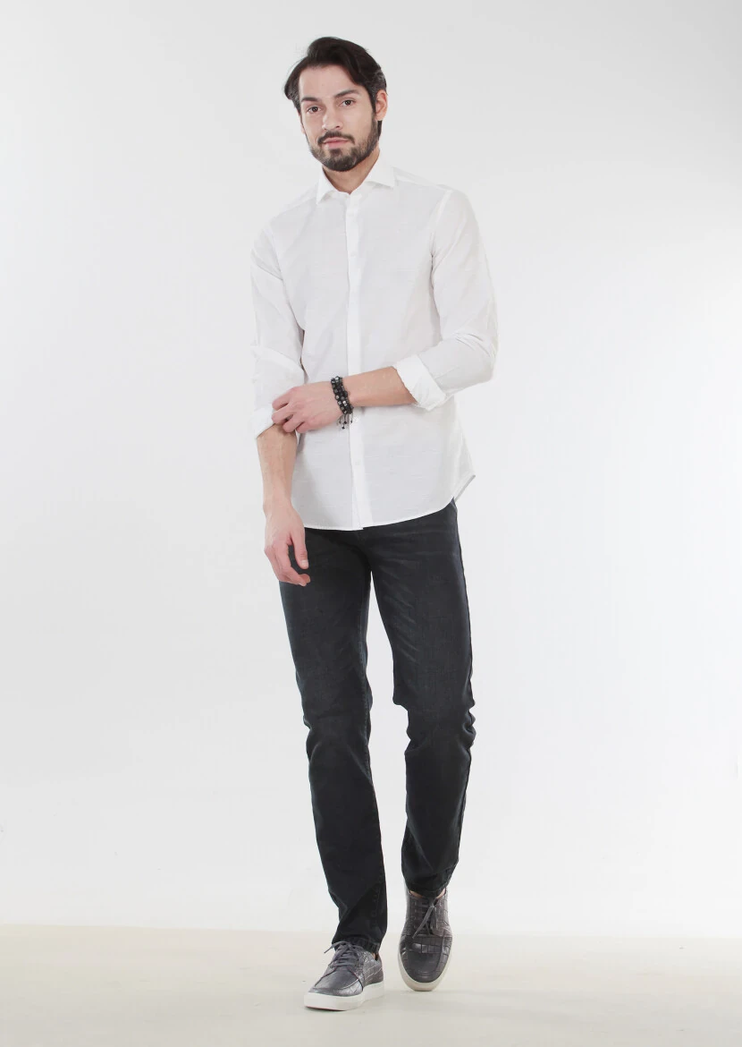 Ekru Desenli Slim Fit Dokuma Casual %100 Pamuk Gömlek - 5