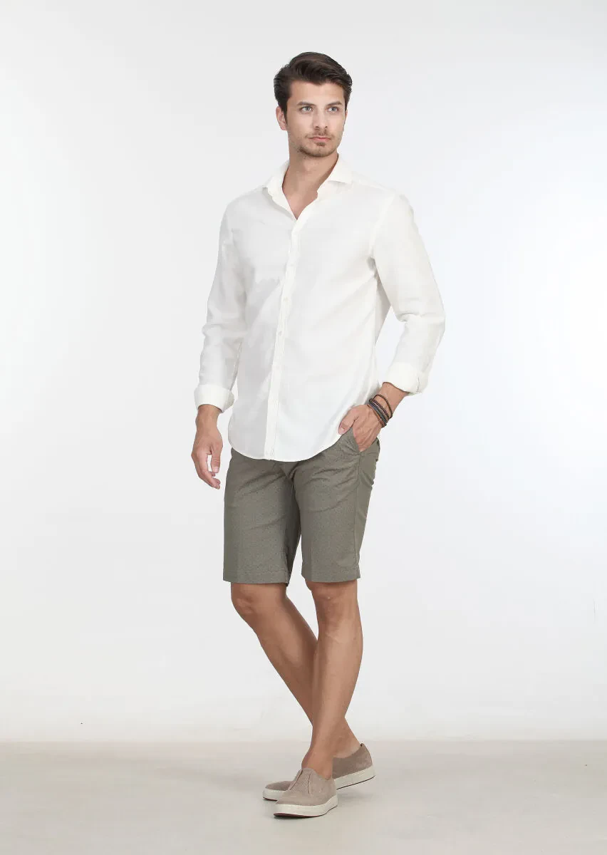Ekru Desenli Slim Fit Dokuma Casual %100 Pamuk Gömlek - 1