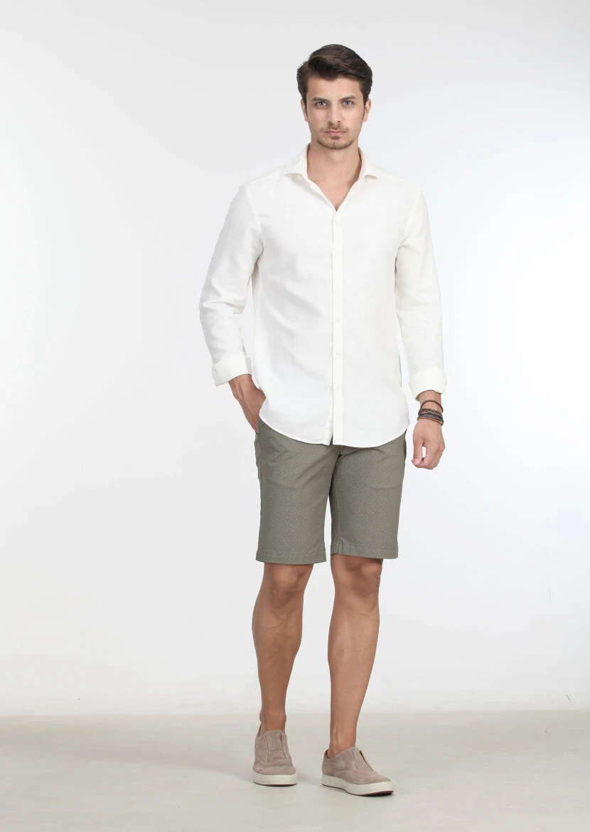 Ekru Desenli Slim Fit Dokuma Casual %100 Pamuk Gömlek - 2