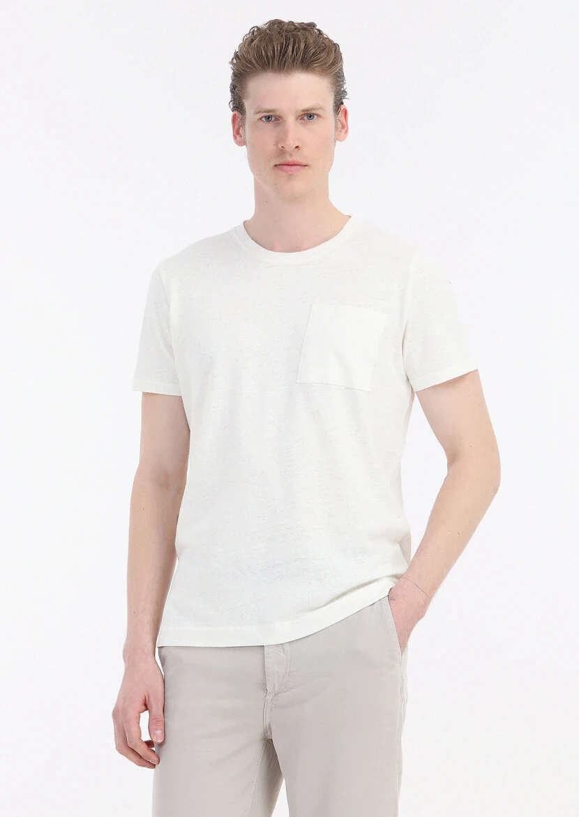 Ekru Düz Bisiklet Yaka %100 Keten T-Shirt - 2