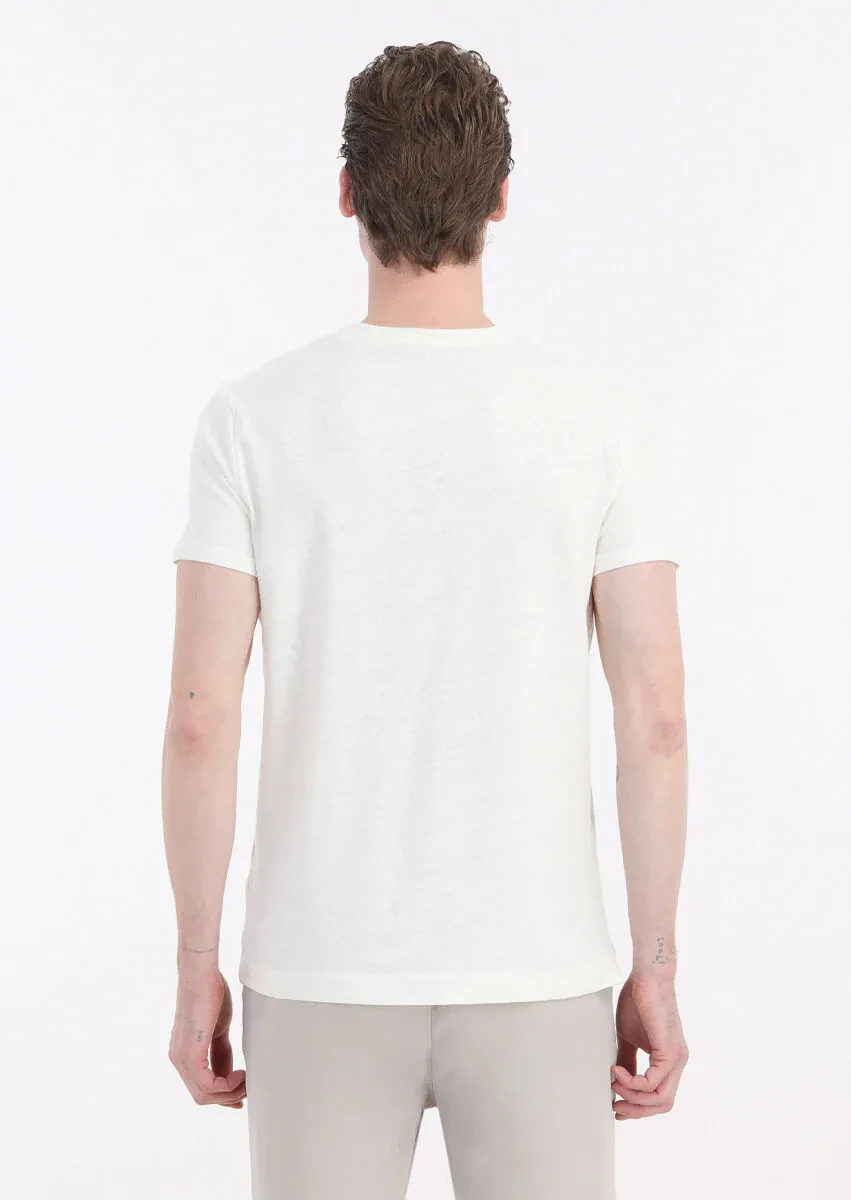 Ekru Düz Bisiklet Yaka %100 Keten T-Shirt - 5