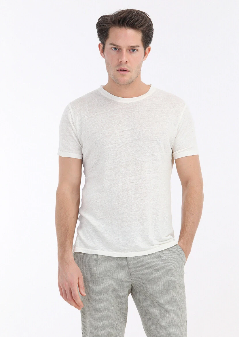 Ekru Düz Bisiklet Yaka %100 Keten T-Shirt - 3