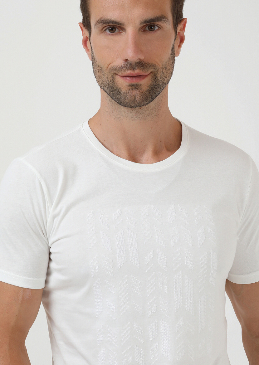 Ekru Düz Bisiklet Yaka %100 Pamuk T-Shirt - 3