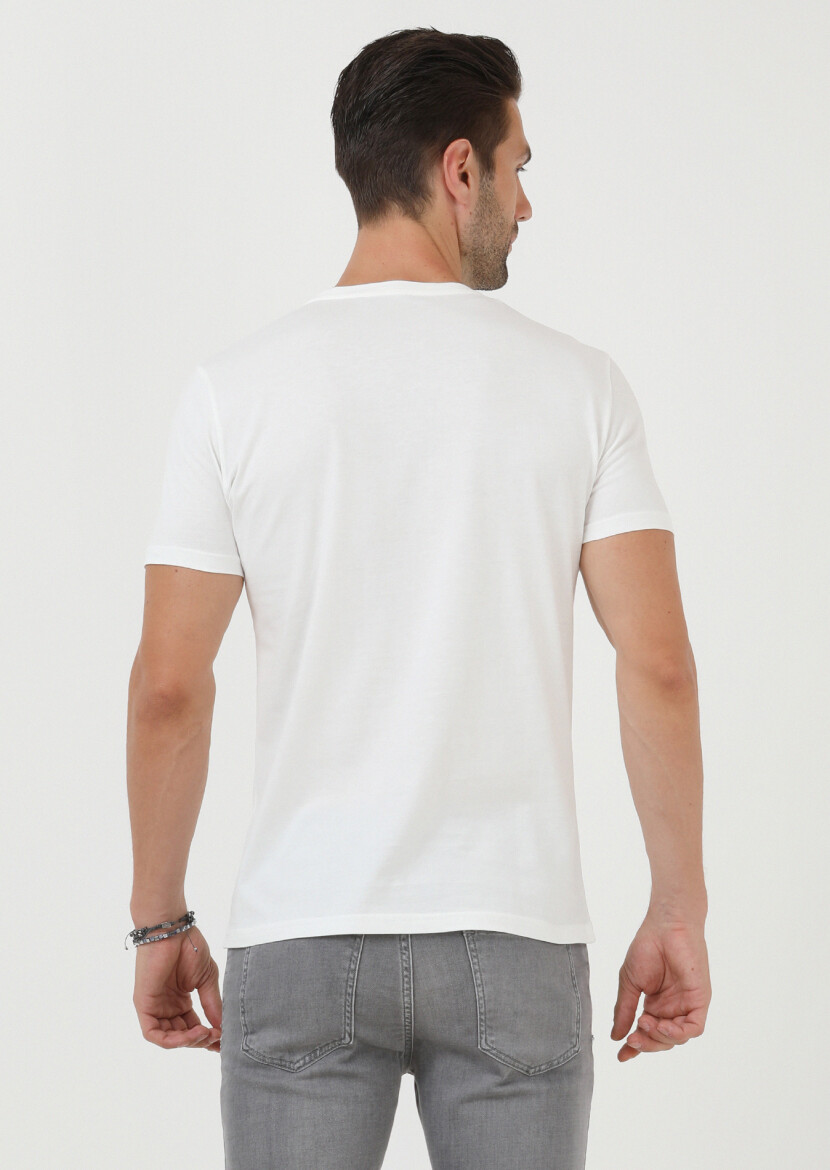 Ekru Düz Bisiklet Yaka %100 Pamuk T-Shirt - 5