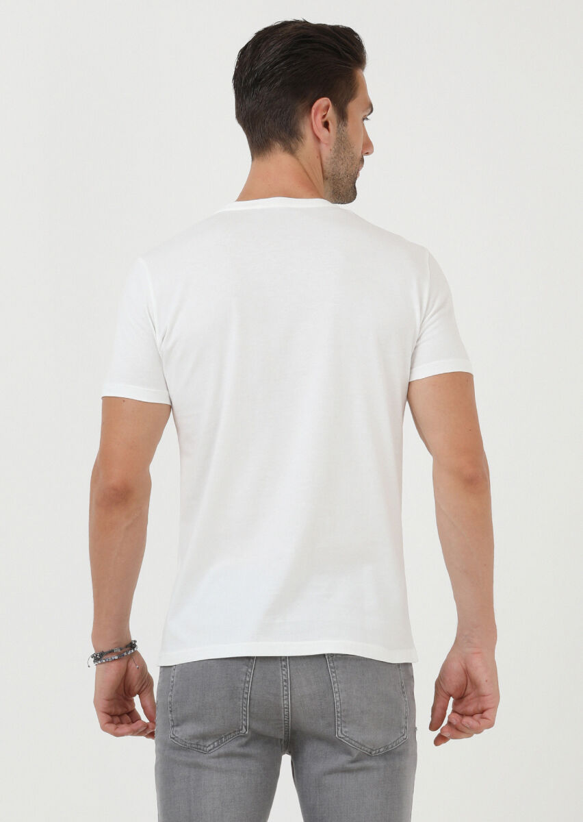 Ekru Düz Bisiklet Yaka %100 Pamuk T-Shirt - 5