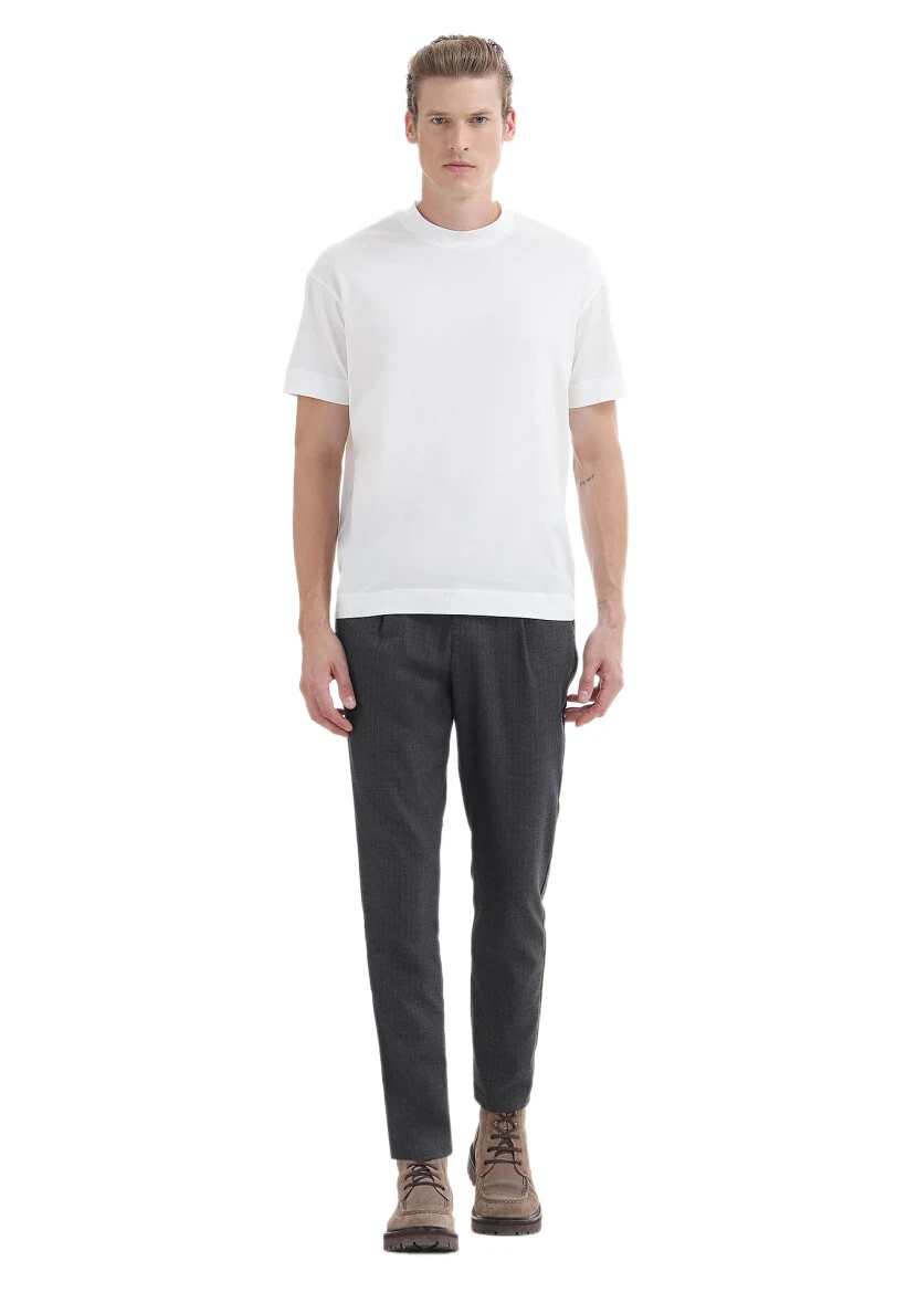 Ekru Düz Bisiklet Yaka %100 Pamuk T-Shirt 